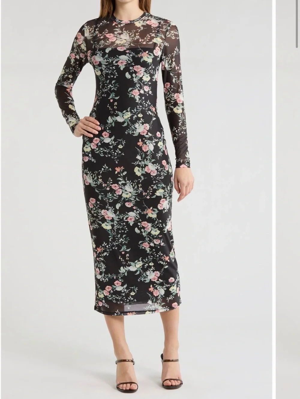 AFRM Black Long Sleeve Floral Midi Dress with Pink & Cream Blooms - Picture 6 of 6